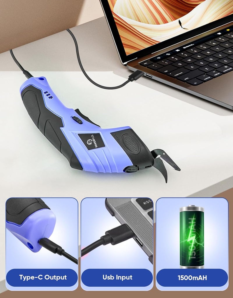 SakerPlus Cordless Electric Scissors, Fabric Scissors, Powerful Pinking Shears, Rechargeable Cardboard Cutter (Blue-Box(1 Tungsten Steel Blade)) - Image 5